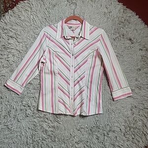 Vintage Y2K Faded Glory Snap Button Up Shirt Size Medium M Stripes White Pink